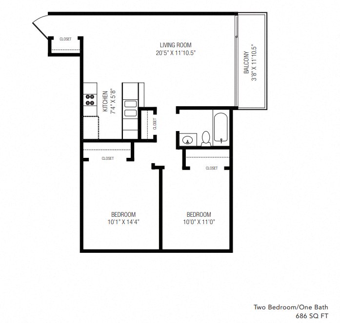 Floor plan for 2 beds, 1 bath, 686 sqft